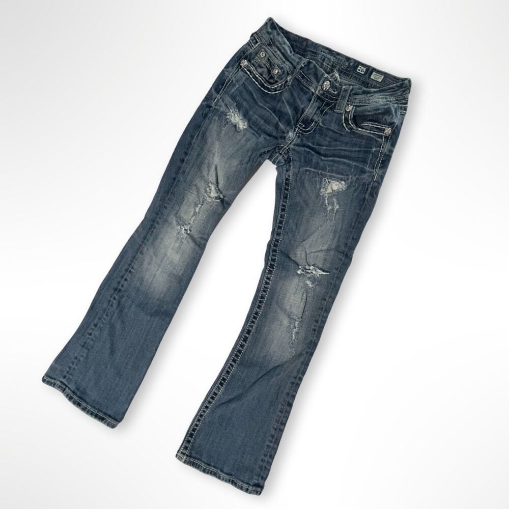 VTG Miss Me Signature Stretch Distressed Boot Cut Jeans, 26, Y2K Embellished